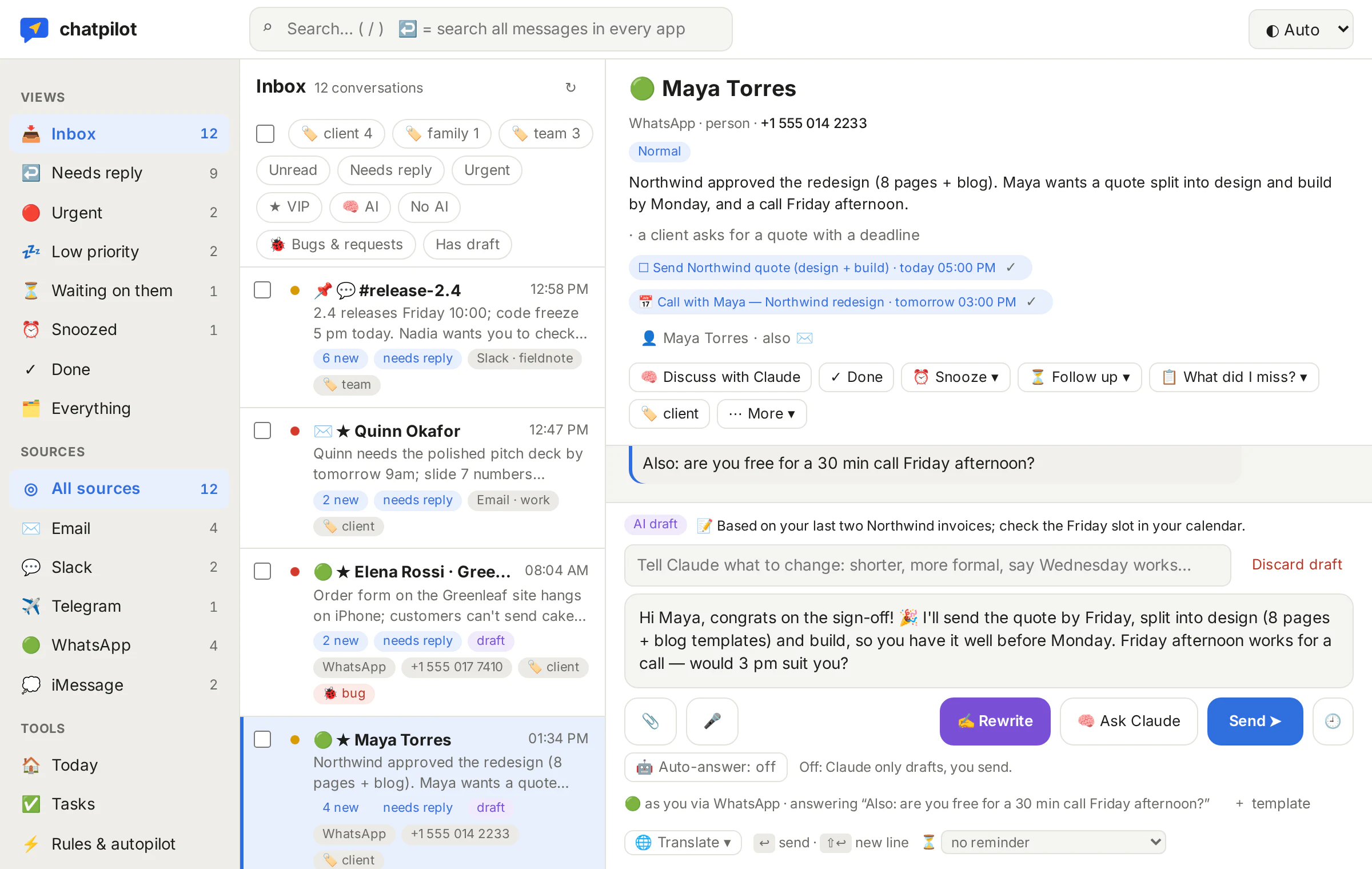 An open chat in ChatPilot with a reply drafted by Claude waiting under the conversation, ready to edit and send.